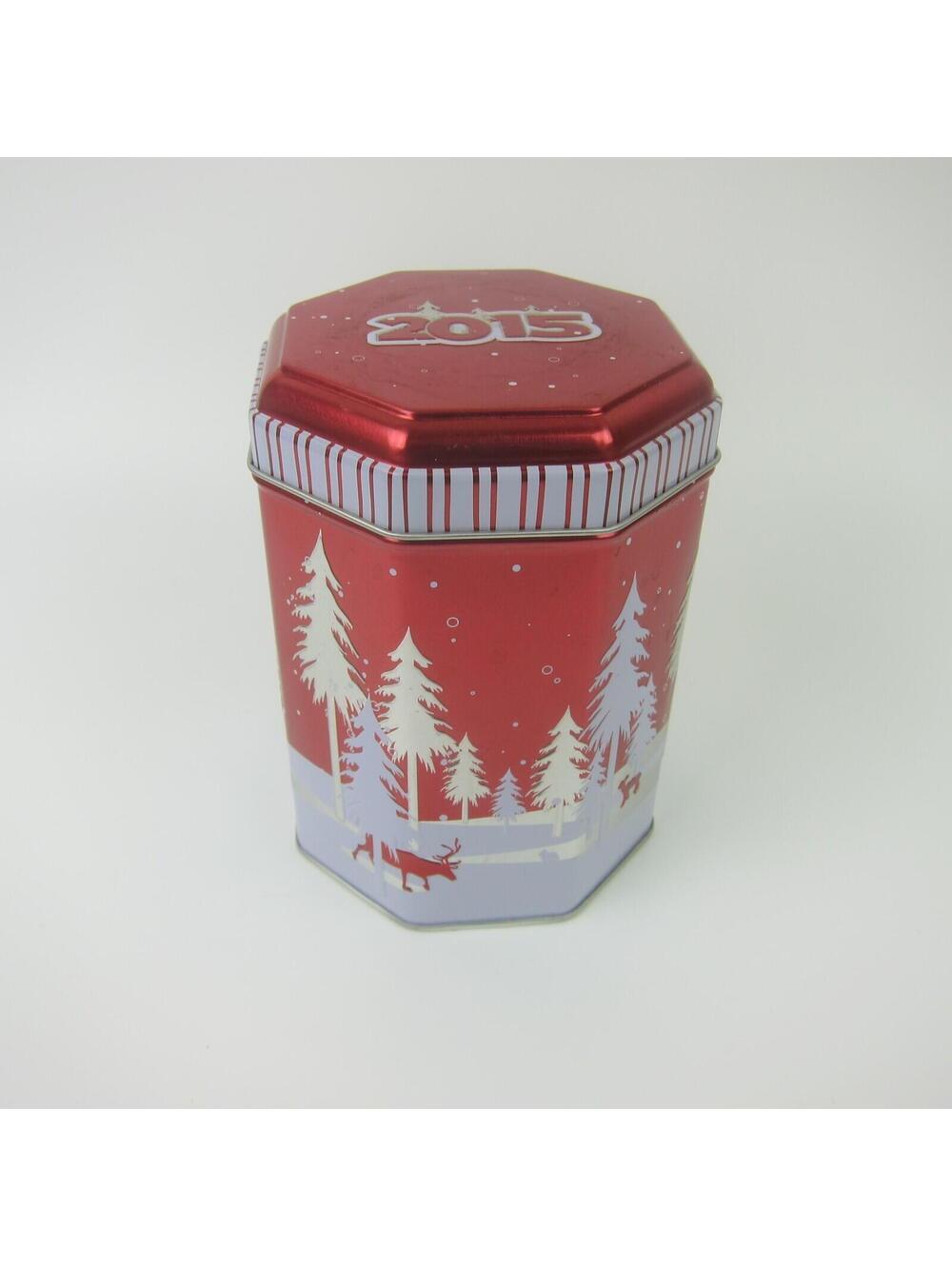 Christmas Cookie Tin Music Box Red Silver White Trees Deer Snow 5.4" Empty 2015